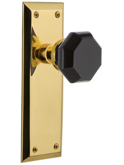 New York Door Set with Colored Waldorf Crystal Glass Knobs Black in Polished Brass.